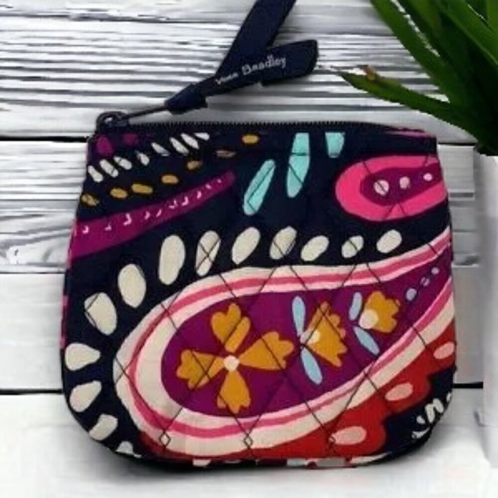 Vera Bradley Small Quilted Zip Pouch-Navy Blue/Purple/Pink /White, 5”x4”